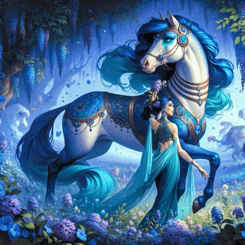 a woman stands next to a blue and white horse