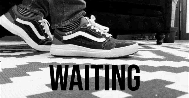 a person wearing a pair of black and white vans shoes is standing on a waiting rug