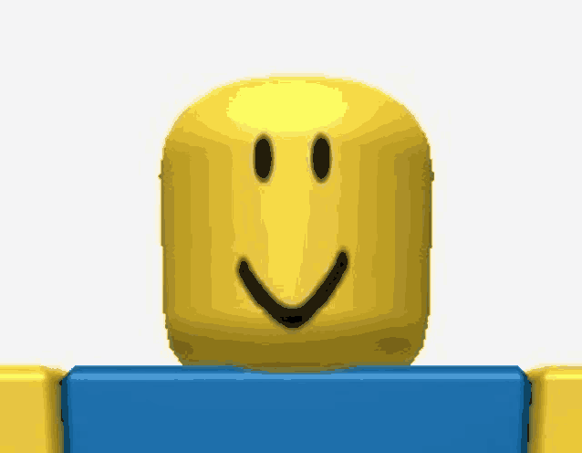 a yellow roblox character with a smiley face and a blue shirt is standing in front of a white background .