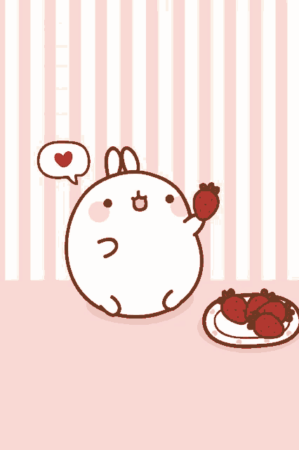 a cartoon rabbit holding a strawberry next to a plate of strawberries on a pink and white striped background