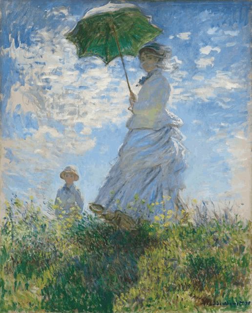 a painting of a woman walking with an umbrella