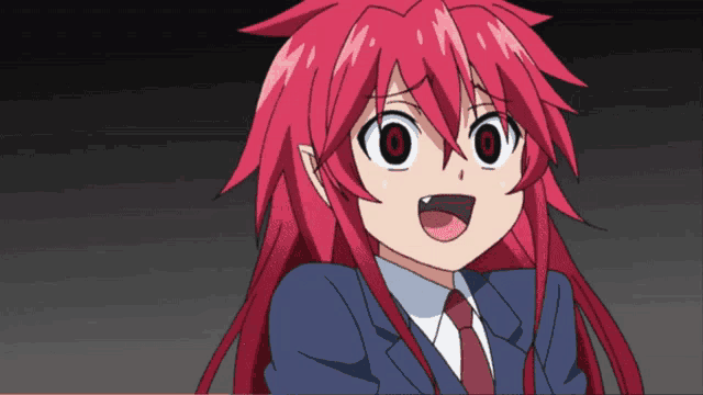 a girl with red hair and red eyes is wearing a blue suit and tie