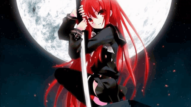 a girl with red hair is holding a sword in front of the moon