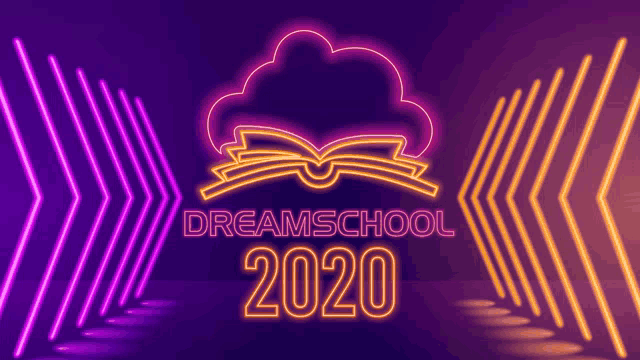 a neon sign for dreamschool 2020 with an open book and a cloud