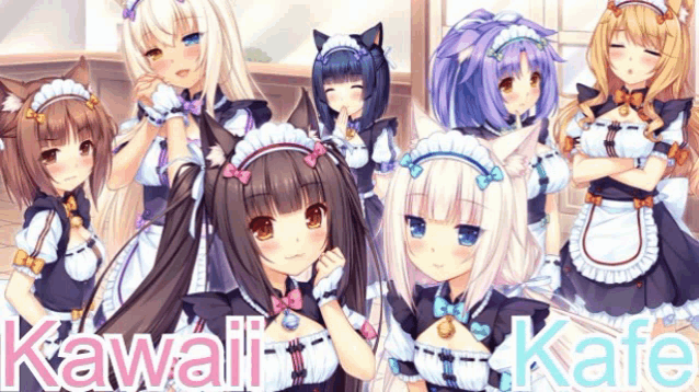 a group of anime maids standing next to each other with the words kawaii kafe written on the bottom