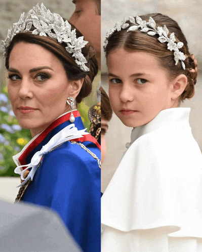 a woman wearing a tiara is next to a little girl wearing a white cape