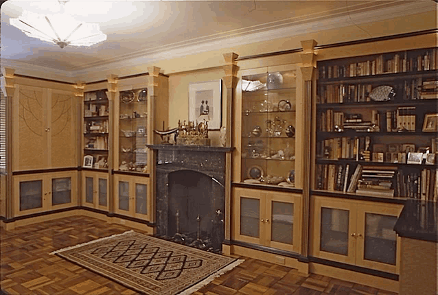 a living room with a fireplace and lots of books on shelves