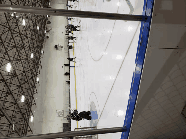 a hockey game is being played in a stadium with a sign on the wall that says ice hockey