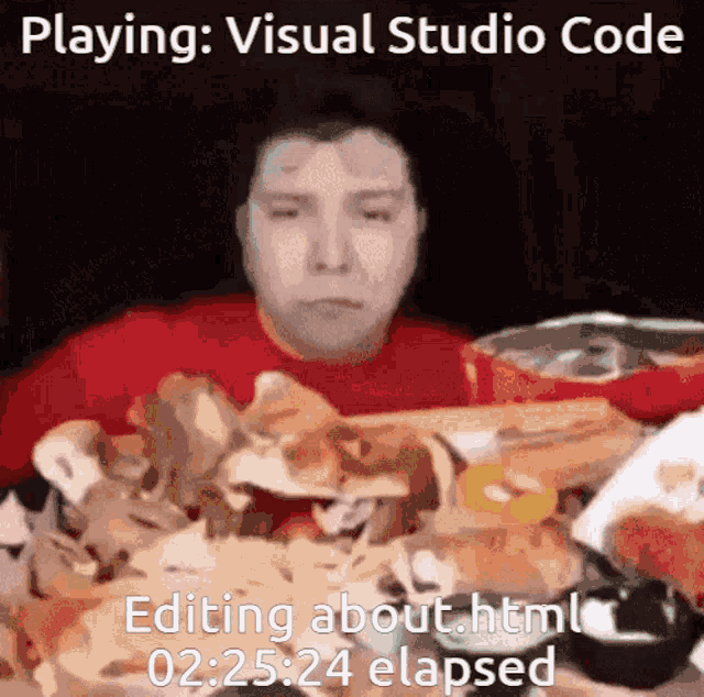 a man is sitting at a table with a bunch of food and the caption playing visual studio code editing about html