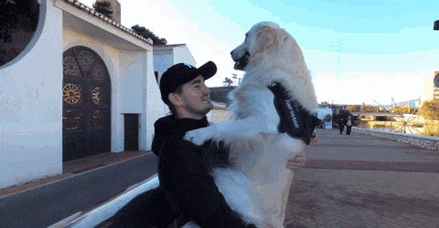 a man is holding a dog in his arms and the dog is wearing a vest that says ' i love you '