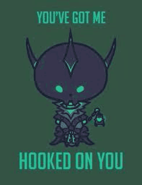 you 've got me hooked on you is a t-shirt with a cartoon character holding a chain .