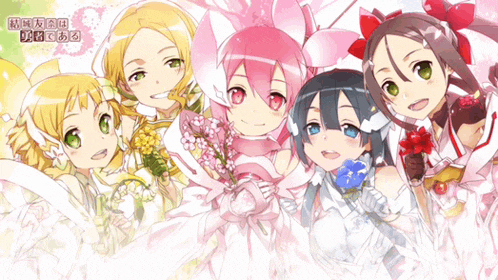 a group of anime girls are posing for a picture and one of them has a pink flower on her head