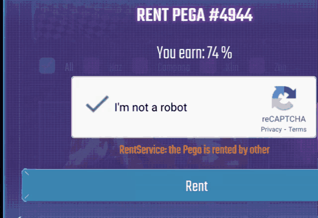 a screen that says rent pega # 4944 and says i 'm not a robot