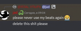 a screenshot of a message on a discord server that says please never use my beats again delete this shit please