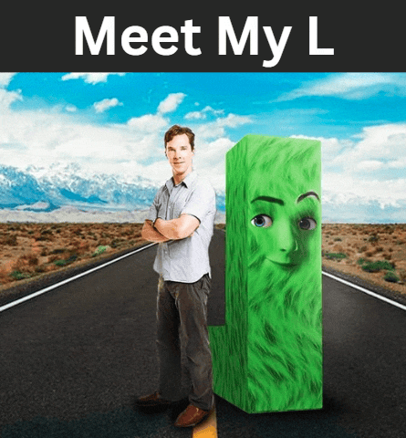 a man standing next to a green block that says meet my l on it