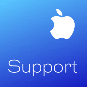 a blue background with a white apple and the word support below it