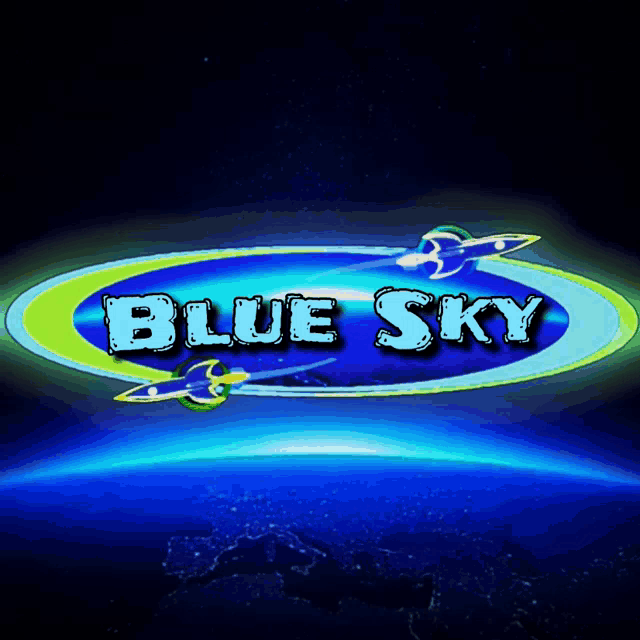 a blue sky logo with a rocket in the center