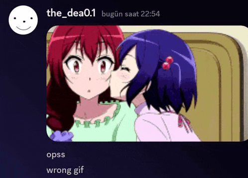 a screenshot of two anime girls kissing with the words opss wrong gif