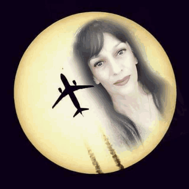 a woman is standing in front of a full moon with a plane flying in the sky .