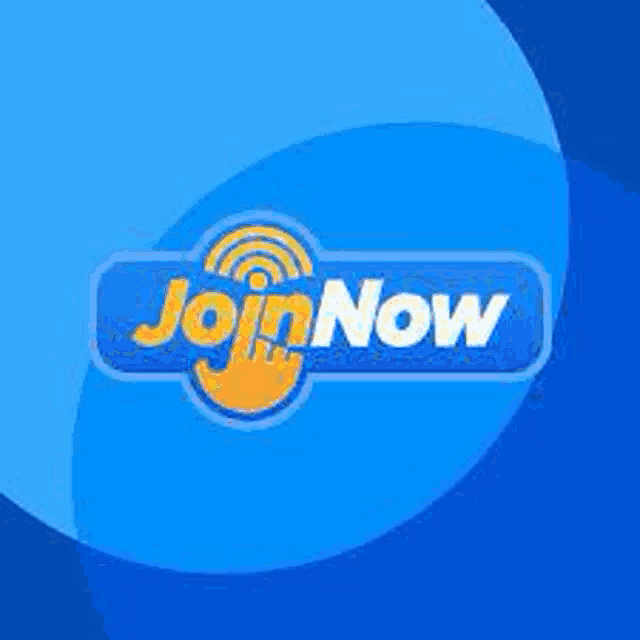 the logo for join now is on a blue background with a hand .