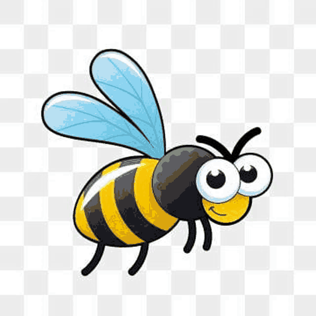 a cartoon bee with big eyes and big wings is flying on a transparent background .