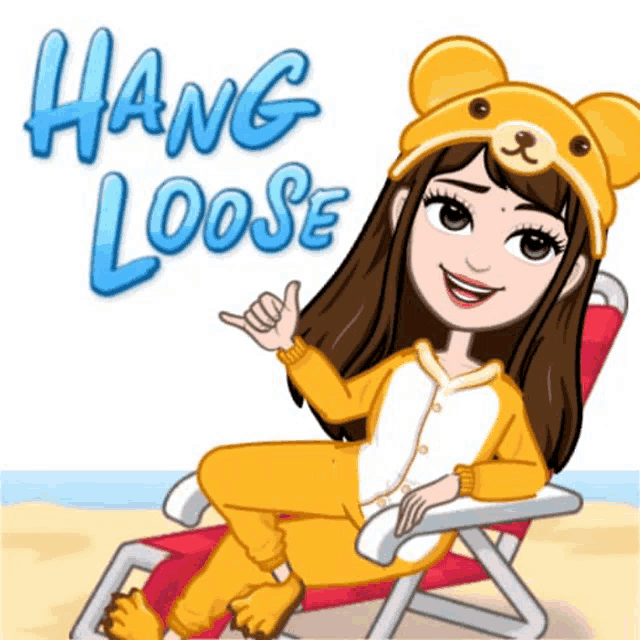 a cartoon girl wearing a teddy bear hat is sitting in a beach chair with the words hang loose behind her