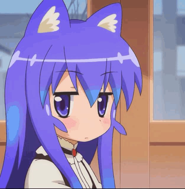 a cartoon girl with purple hair and cat ears looks at the camera