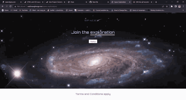 a space exploration website shows a galaxy in the background