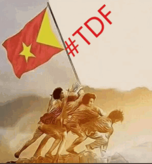 a painting of people raising a flag with the hashtag #tdf on it