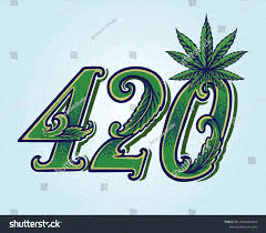 the number 420 is written in green with a marijuana leaf .