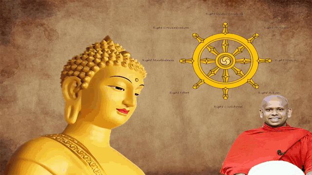 a man in a red robe stands next to a statue of buddha and a dharma wheel