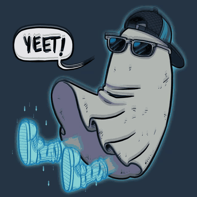 a cartoon of a ghost wearing sunglasses and a hat with a speech bubble that says yeet