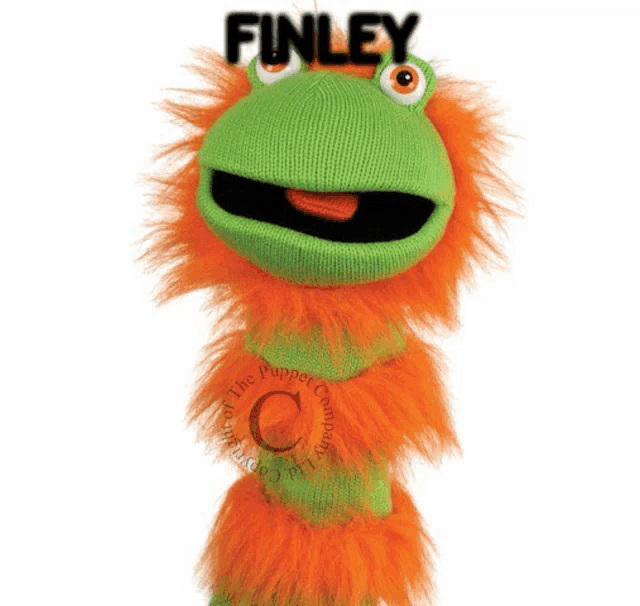 a green and orange puppet with the name finley