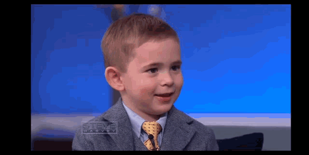 a young boy in a suit and tie is sitting in front of a blue screen with the word steve on it .