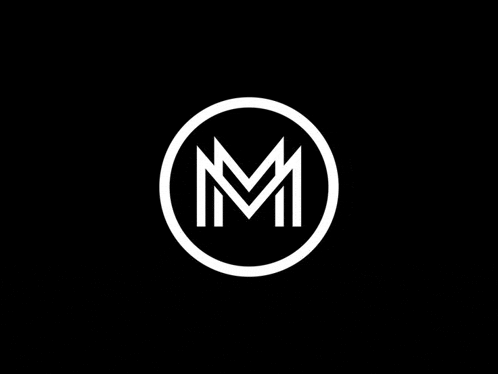 a white m letter in a circle on a black background .