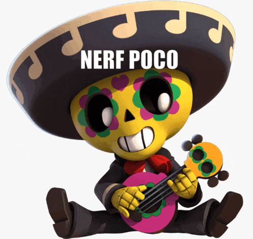 a cartoon character with a sombrero is holding a guitar and the word nerf poco is above him