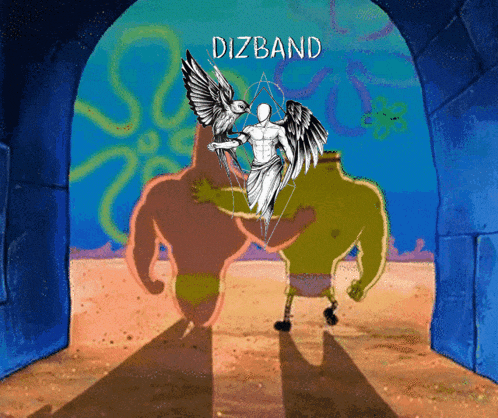 a cartoon of spongebob holding a statue with the word dizband on the bottom