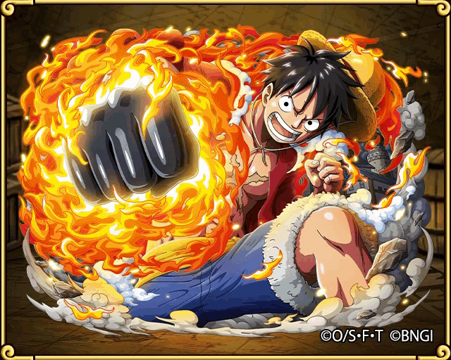 a cartoon of luffy from one piece with a fist full of flames