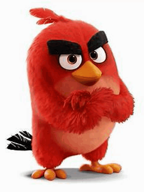 a red angry bird from the movie the angry birds is standing with his arms crossed .