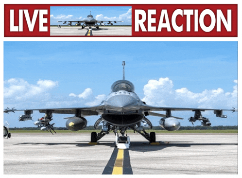 a fighter jet is parked on a runway with a sign that says live reaction