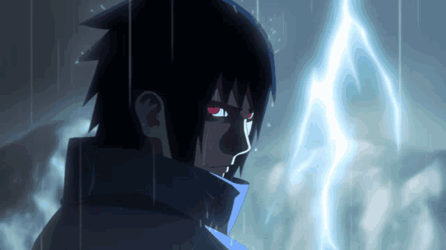 a cartoon character with red eyes and a lightning strike in the background