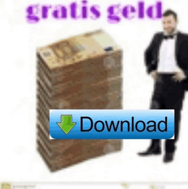 a man in a tuxedo is standing next to a stack of money with a download button .