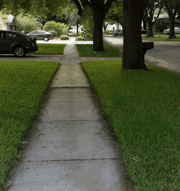 a black car is parked on the side of the road next to a mailbox