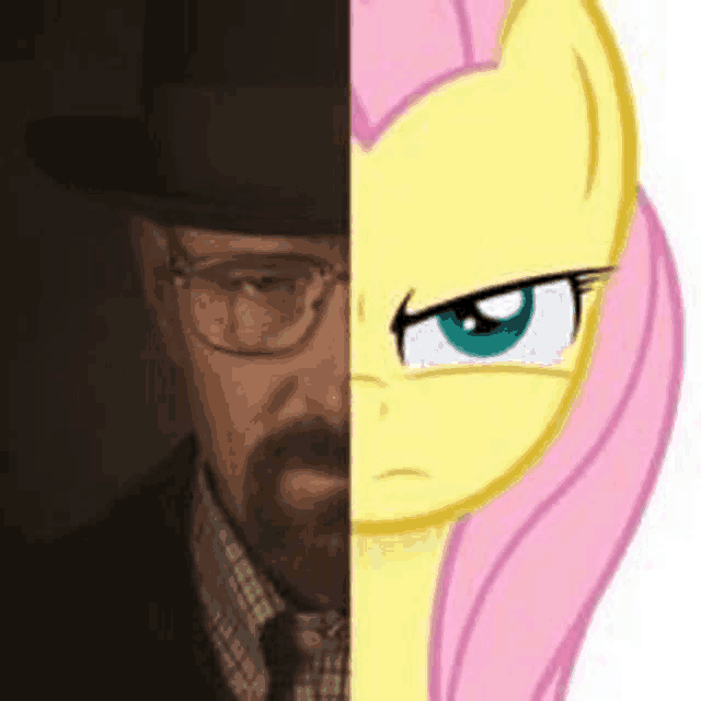 a man with a beard and glasses is next to a cartoon pony with pink hair .