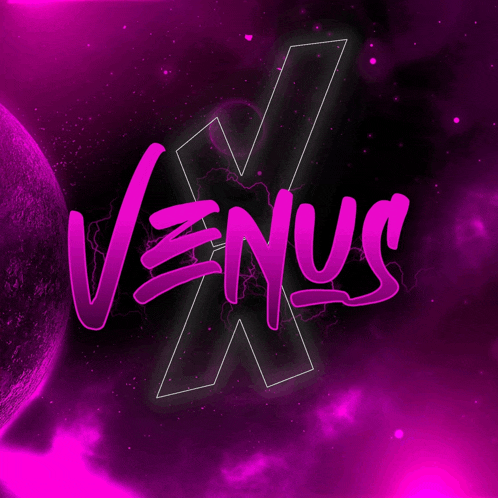 the word venus is on a purple background with a planet in the background