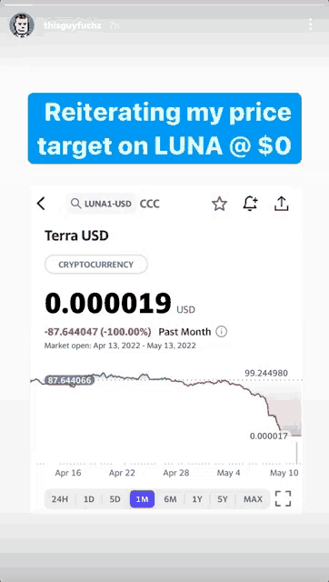 a screenshot of thisguyfuchz reiterating his price target on luna @ $0