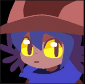 a cartoon character with blue hair and yellow eyes wearing a hat