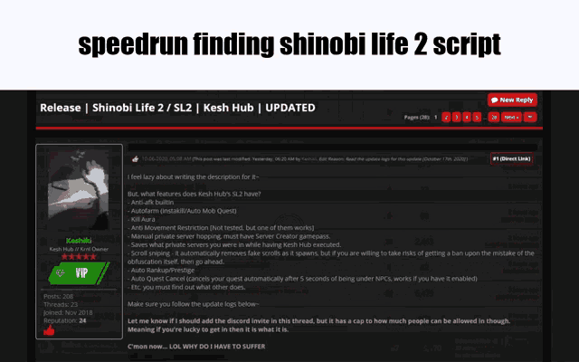 a speedrun finding shinobi life 2 script is displayed on a computer screen