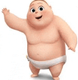 a cartoon baby in a diaper is waving his hand and smiling .