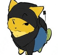 a cartoon cat is wearing a black hood and a blue shirt .